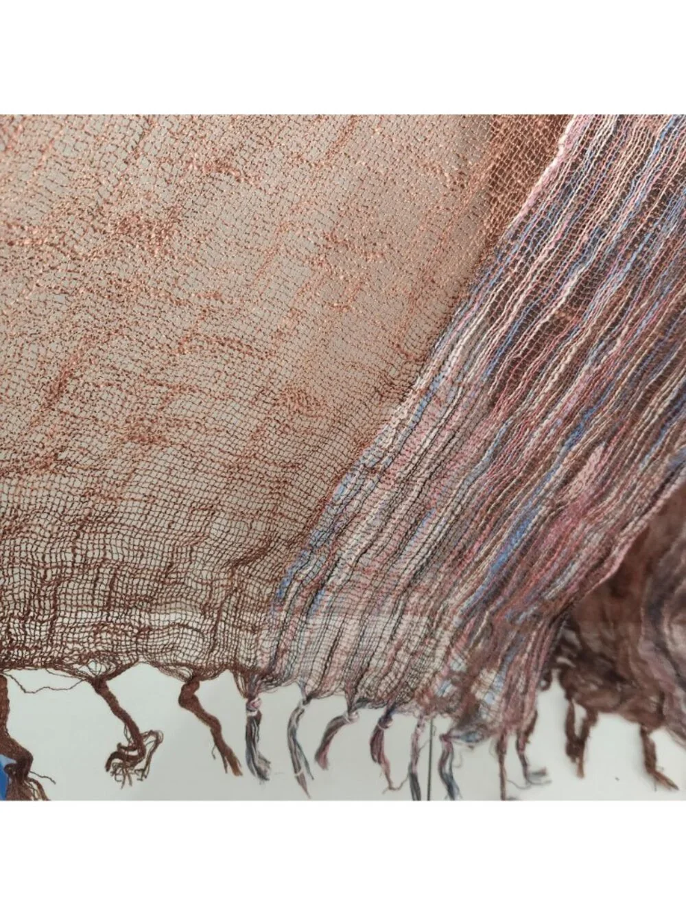 Handwoven Boho Scarf With Brown & Multicolor Panels Fringed Ends & Decorative Bu